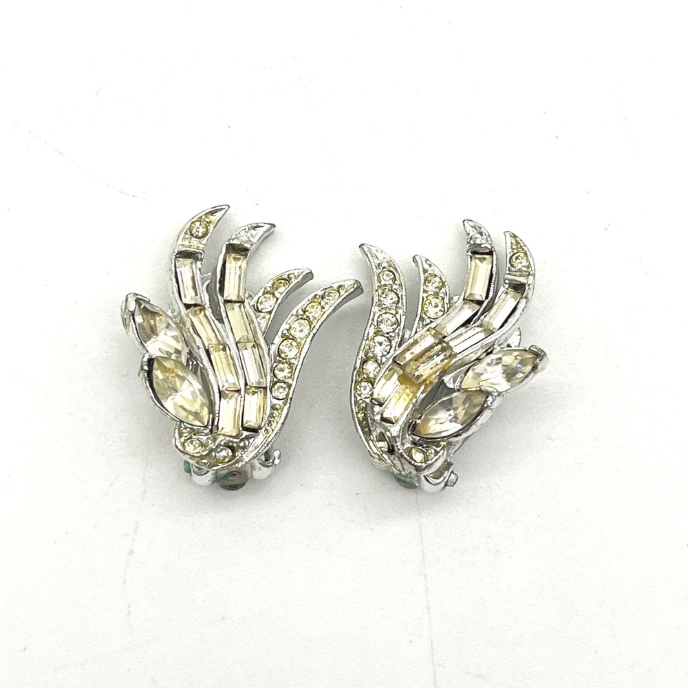 Vintage Silver Tone‎ Rhinestone Wing Clip On Earrings Baguette Marquise Clear